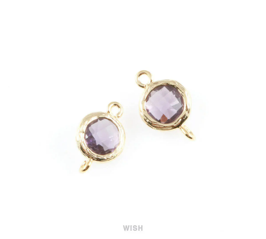 Amethyst faceted Glass Connector in Gold, Framed Round Glass Bead/ GTZG-015-P