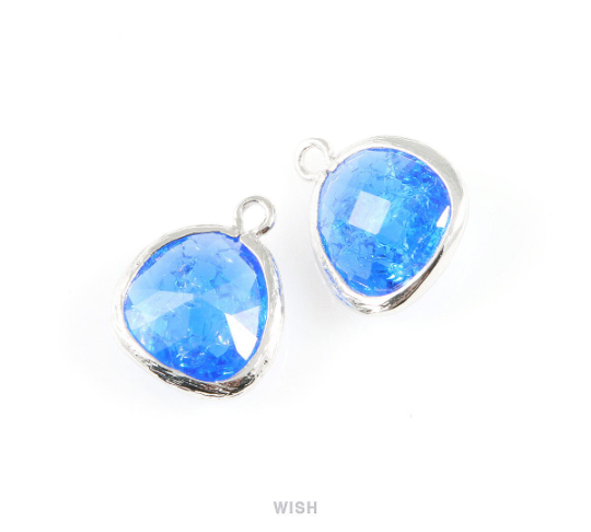 Cobalt Blue Sparkle Glass Charm in Rhodium, Framed Drop Glass Bead / GCTRH-013-P