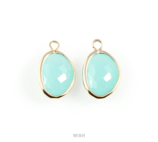 Ocean Blue Pear Glass Charm in Gold, Glass Framed Pendant/ GOBG-040-P