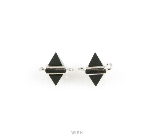 Jet Pyramid Stone Charm in Rhodium, Gemstone Framed Pendant / SJTRH-050-P
