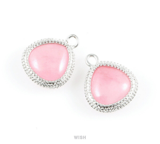 Rose Quartz Triangle Synthetic Stone Charms in Matte Rhodium, Framed Triangle Gems /SRQMRH-026-P