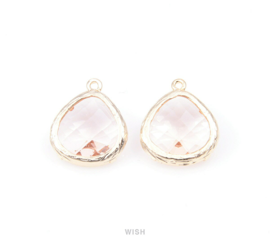 Peach Faceted Glass Drop Charm in Gold, Peach Framed Charms / GPCG-036-P