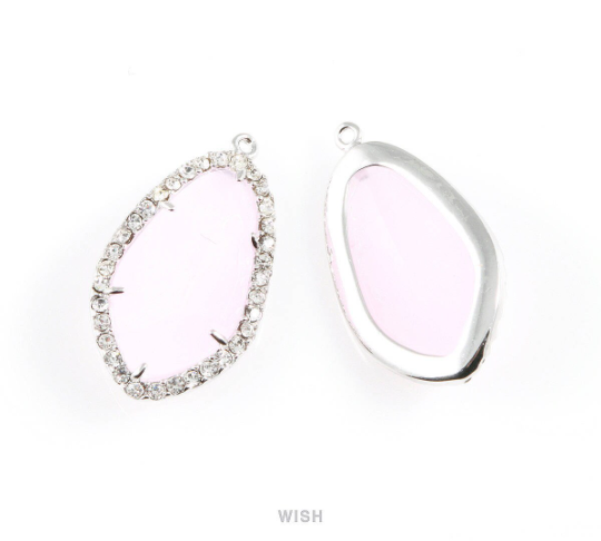 Briolette Rose Quartz Glass with Rheinstone in Rhodium, Framed Gem / GRQRH-043-P