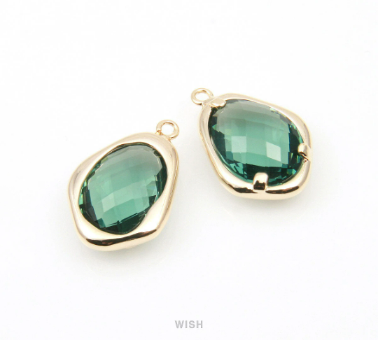 Green Tourmaline Faceted Glass Charms in Gold, Framed Teardrop Pendant / GGTG-085-P