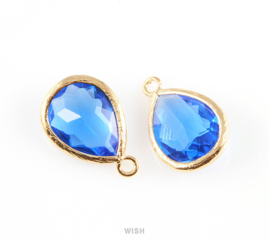 Cobalt Blue Teardrop Glass Charm in Gold, Framed Drop Glass Gem / GCTG-005-P
