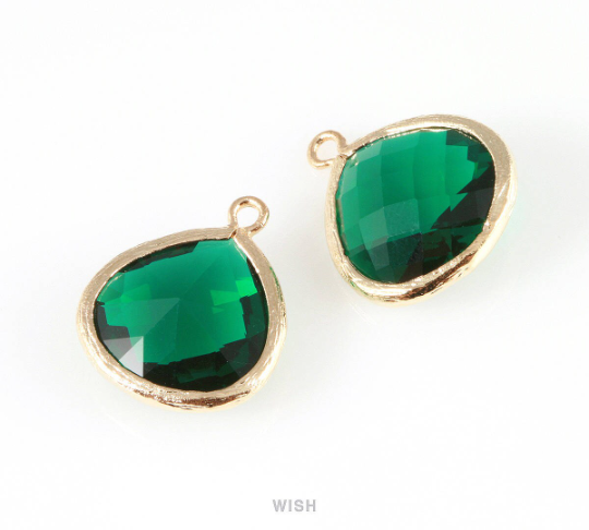 Emerald Faceted Glass Charm in Gold, Framed Drop Glass Bead / GEMG-001-P (Large)