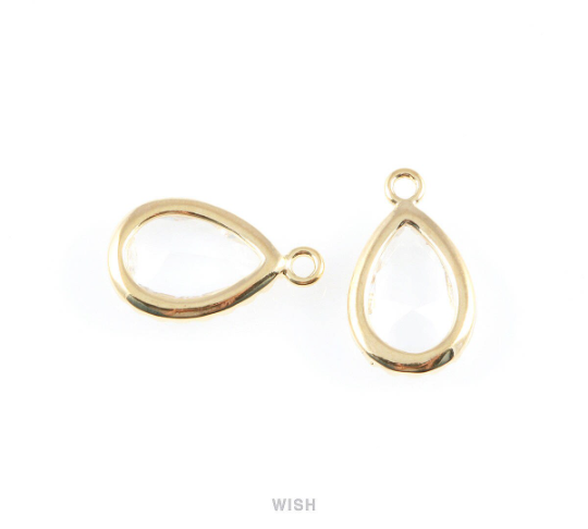 Clear Teardrop Glass Charm in Gold, Framed Drop Glass Gem / GCLG-017-P