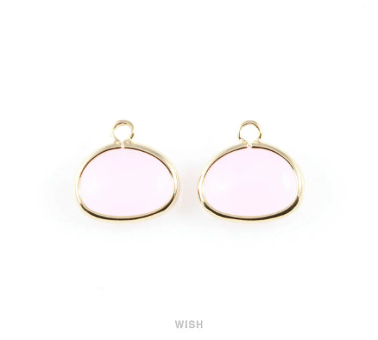 Rose Quartz Oval Glass Charm in Rhodium, Glass Framed Pendant/ GRQRH-039-P
