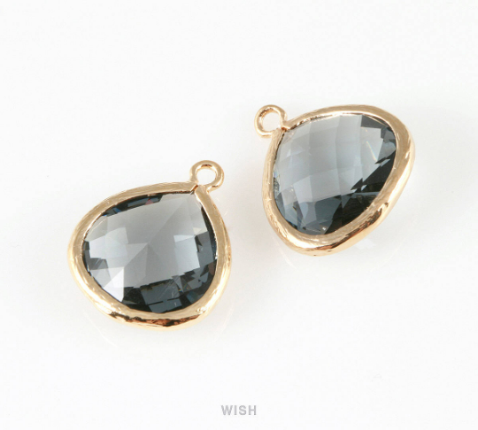 Charcoal Faceted Glass Charm in Gold, Framed Drop Glass Bead / GCCG-001-P (Large)