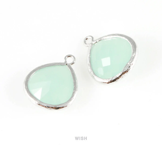 Alice Blue Faceted Glass Charm in Rhodium, Framed Drop Glass Bead / GABRH-001-P (Large)