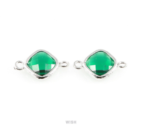 Emerald Rhombus Glass Connector in Rhodium, Framed Rhombus Connector / GEMRH-021-P