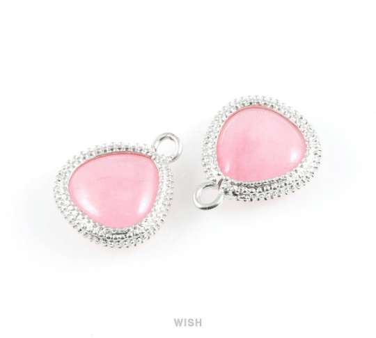 Rose Quartz Triangle Synthetic Stone Charms in Matte Rhodium, Framed Triangle Gems /SRQMRH-026-P