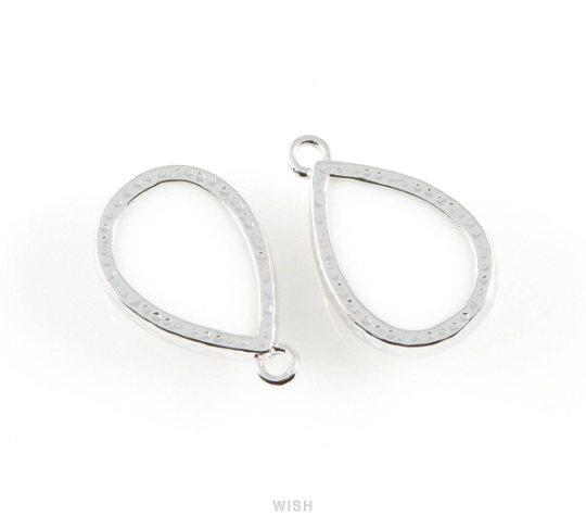 White Alabaster Teardrop Glass Charm in Rhodium, Framed Drop Glass Gem / GWARH-037-P