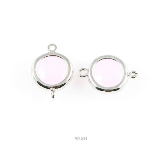 Rose Quartz Faceted Glass Connector in Rhodium, Framed Round Connector/ GRQRH-008-P