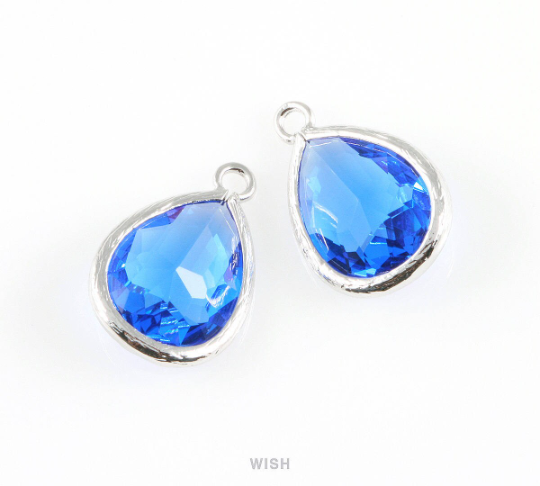 Cobalt Blue Teardrop Glass Charm in Gold, Framed Drop Glass Gem / GCTG-005-P