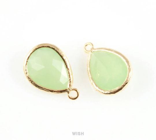 Light Mint Teardrop Glass Charm in Gold, Framed Drop Glass Gem / GLMG-005-P