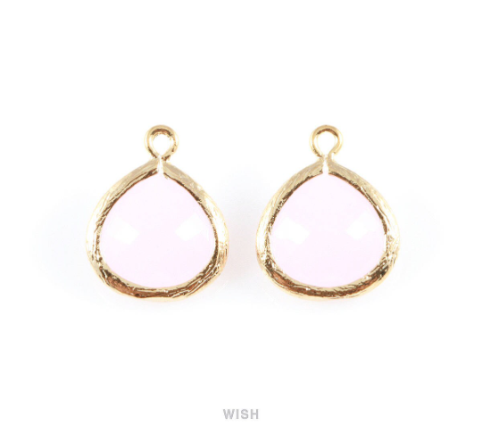 Rose Quartz Faceted Glass Charm in Gold, Framed Drop Glass Bead / GRQG-002-P (Medium)