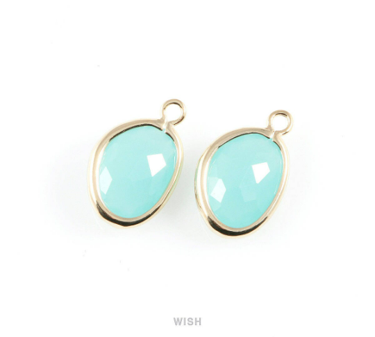 Ocean Blue Pear Glass Charm in Gold, Glass Framed Pendant/ GOBG-040-P