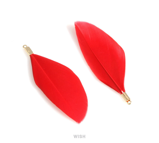 4 Red Genuine Feather with Gold Loop, Feather Charm / FRDG-001-P