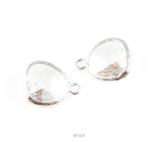 Clear Faceted Glass Charm in Rhodium, Framed Drop Glass Gem / GCLRH-004-P (Medium)