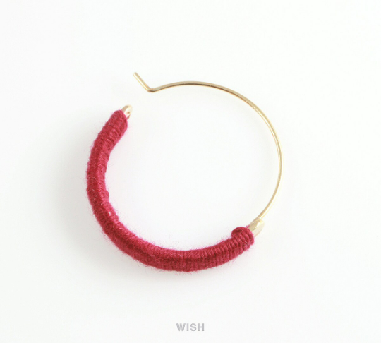 Gold Hoop Earrings and Burgundy Cotton Thread Wrapped / FBGG-019-E