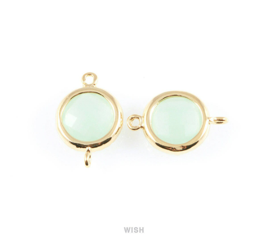 Light Mint Faceted Glass Connector in Gold, Framed Round Connector / GLMG-008-P