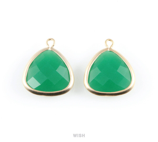 Palace Green Faceted Stone Charms in Matte Rhodium, Framed Triangle Pendants / SPGMRH-029-C