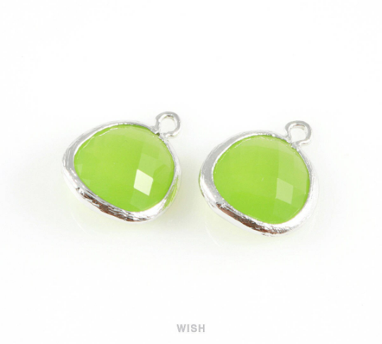 Peridot Faceted Glass Charm in Rhodium, Framed Drop Glass Gem/ GPDRH-004-P (Medium)