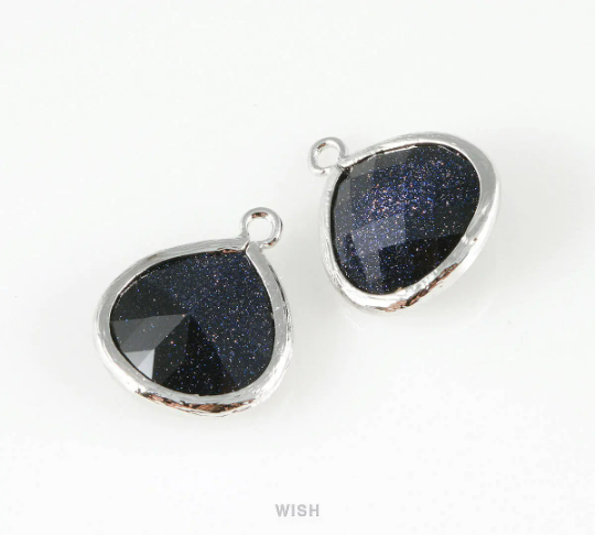 Lapis-Lazuli Faceted Glass Charm in Rhodium, Framed Drop Glass Bead /GLLRH-001-P (Large)