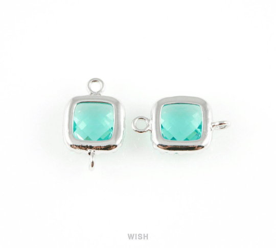 Aquamarine Faceted Glass Connector in Rhodium, Framed Square Connector / GAQRH-007-P