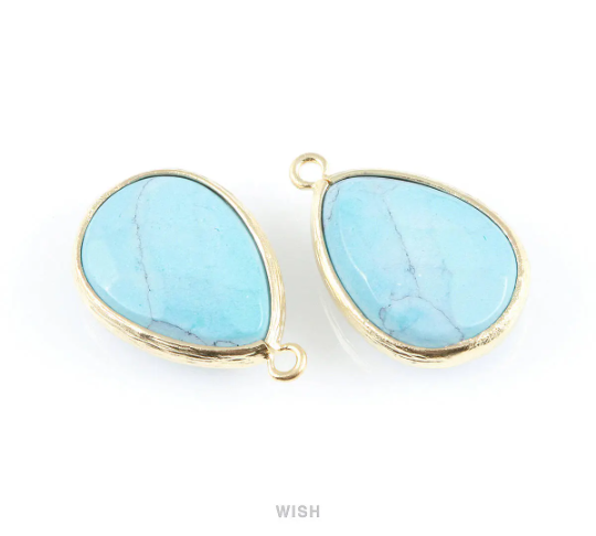 Turquoise Synthetic Stone Charms in Matte Gold, Framed Teardrop Pendant / STQMG-010-P