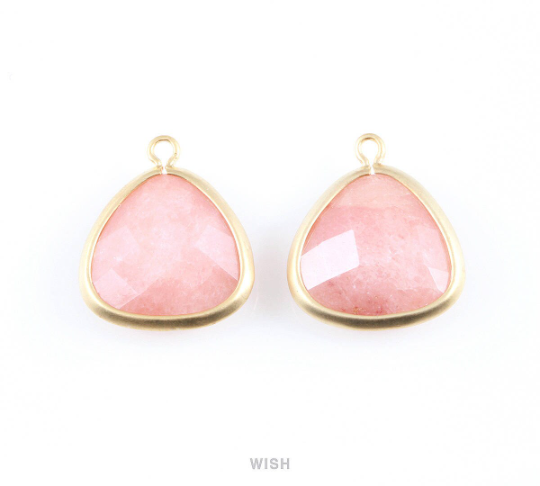 Rose Quartz Faceted Stone Charms in Matte Rhodium, Framed Triangle Pendants / SRQMRH-029-C