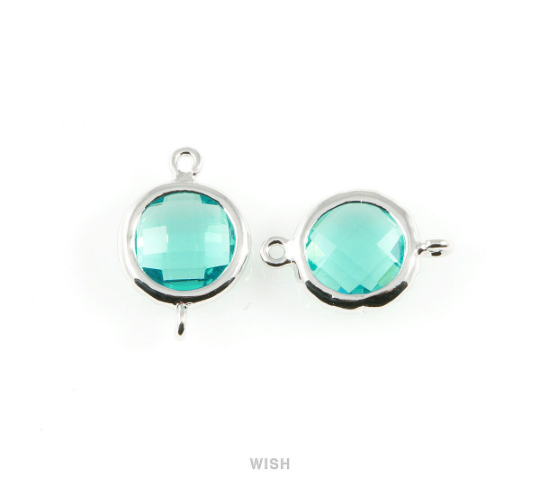 Blue Zircon Faceted Glass Connector in Rhodium, Framed Round Connector/ GBZRH-008-P