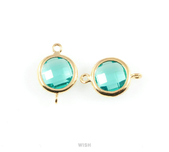 Blue Zircon Faceted Glass Connector in Gold, Framed Round Connector / GBZG-008-P