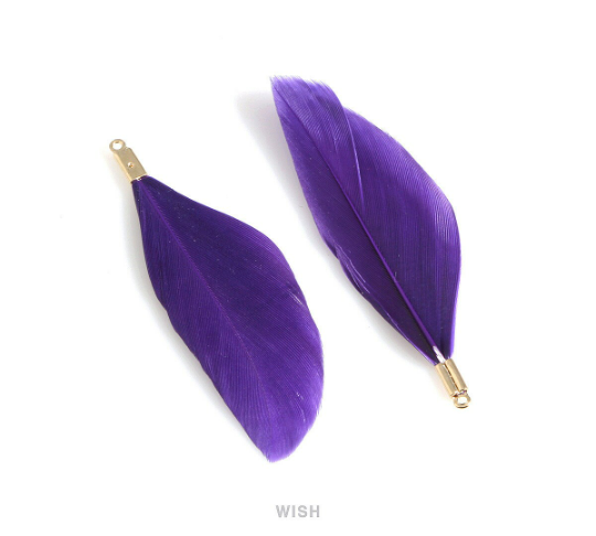 4 Purple Genuine Feather with Gold Loop, Feather Charm / FPUG-001-P