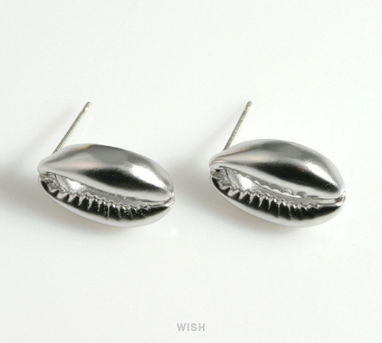 Cowry Seashell Stud Earrings in Matte Rhodium, Cowry Shell Earrings / MMRH-591-E