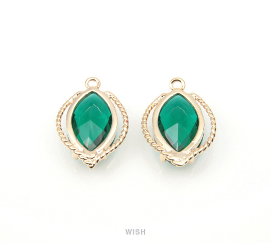 Emerald Marquise Glass Charm in Gold, Framed Drop Glass Gem / GEMG-095-P