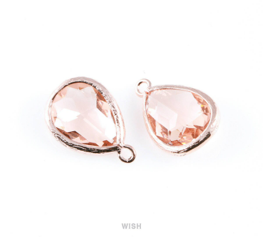 Peach Teardrop Glass Charm in Rose Gold, Framed Drop Glass Gem / GPCRG-005-P
