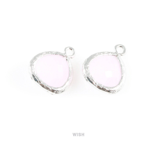 Rose Quartz Faceted Glass Charm in Rhodium, Framed Glass Gem / GRQRH-003-P (Small)