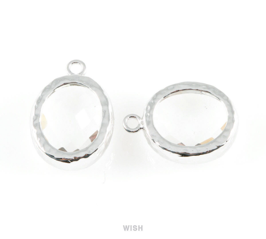 Clear Faceted Glass Charms in Rhodium, Framed Oval Pendant / GCLRH-009-P