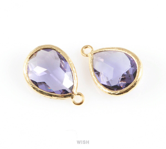 Amethyst Teardrop Glass Charm in Gold, Framed Drop Glass Gem / GTZG-005-P