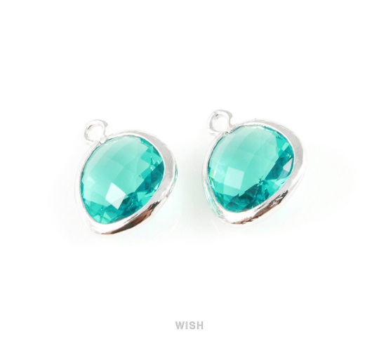 Blue Zircon Faceted Glass Charm in Rhodium, Framed Drop Glass Gem / GBZRH-004-P (Medium)