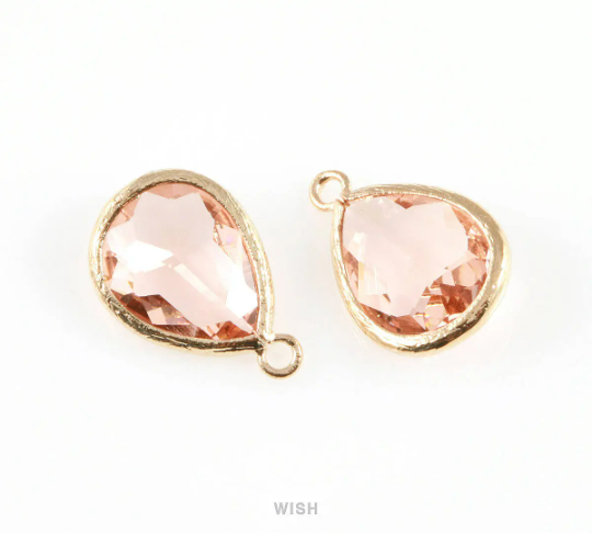Peach Teardrop Glass Charm in Gold, Framed Drop Glass Gem /GPCG-005-P