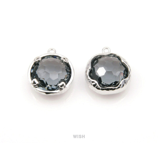 Charcoal Faceted Glass Charms in Rhodium, Framed Round Pendant /GCCRH-090-P (Small)