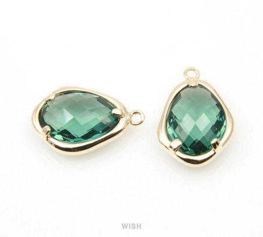 Green Tourmaline Faceted Glass Charms in Gold, Framed Teardrop Pendant / GGTG-085-P