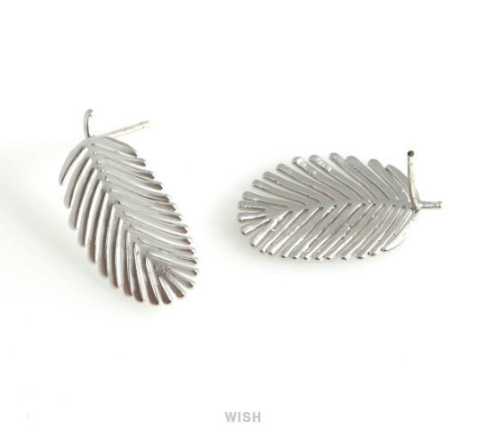 Banana Leaf Stud Earrings in Matte Rhodium, Palm Tree Leaf Studs / MMRH-434-E