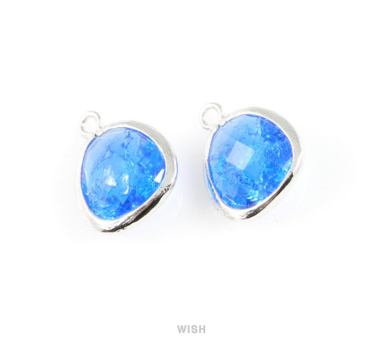 Cobalt Blue Sparkle Glass Charm in Rhodium, Framed Drop Glass Bead / GCTRH-013-P