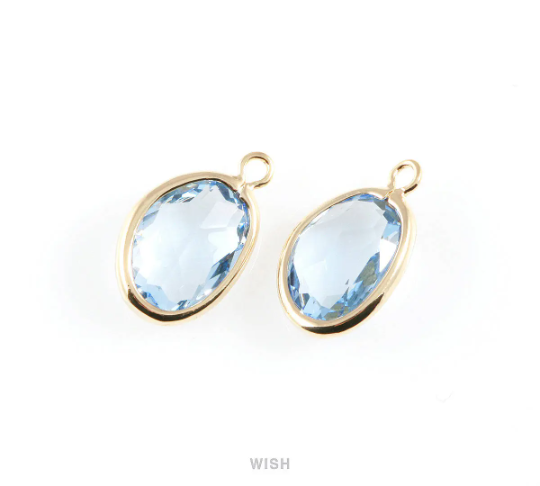 Light Sapphire Pear Glass Charm in Gold, Glass Framed Pendant / GLSG-040-P
