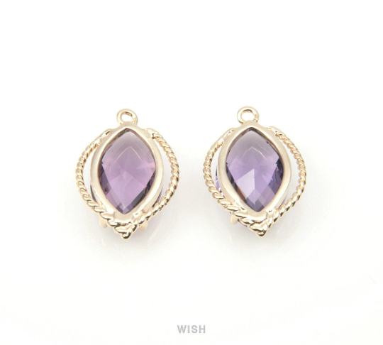 Amethyst Marquise Glass Charm in Gold, Framed Drop Glass Gem /GTZG-095-P