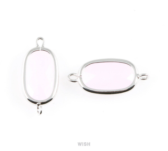 Rose Quartz Oval Glass Connector in Rhodium, Framed Oval Connector / GRQRH-035-C